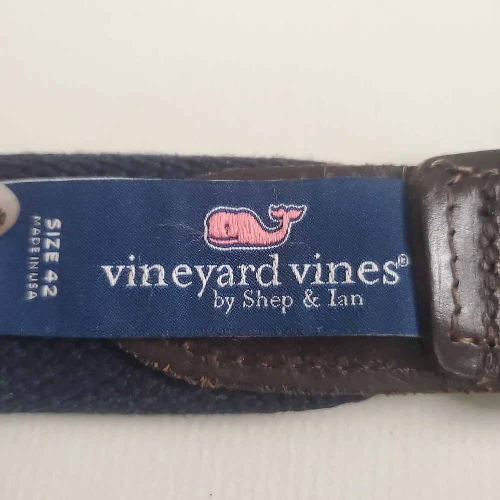 Vineyard Vines Men's Belt Size 42 Navy American Flag Canvas Leather Brass Buckle